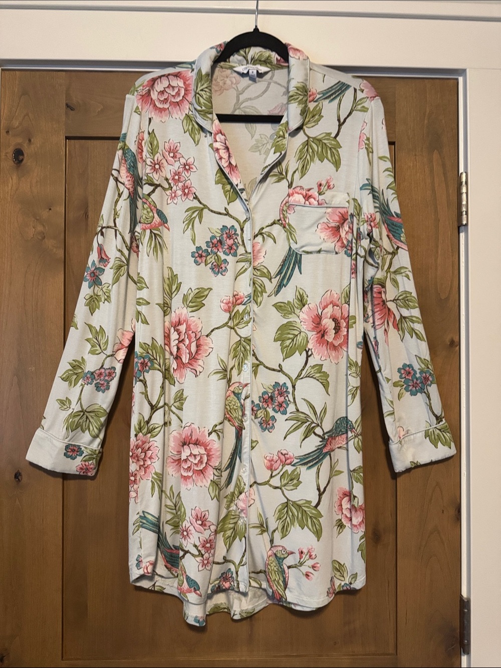 The Company Store Nightshirt Womens M Blue Floral Bird Nightgown soft cozy